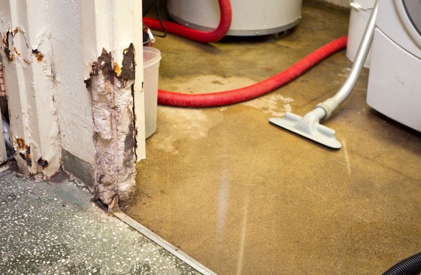 Water extraction equipment removing contaminated water from flooded basement