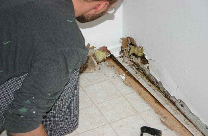 Removing mold damaged baseboard during restoration in Los Angeles